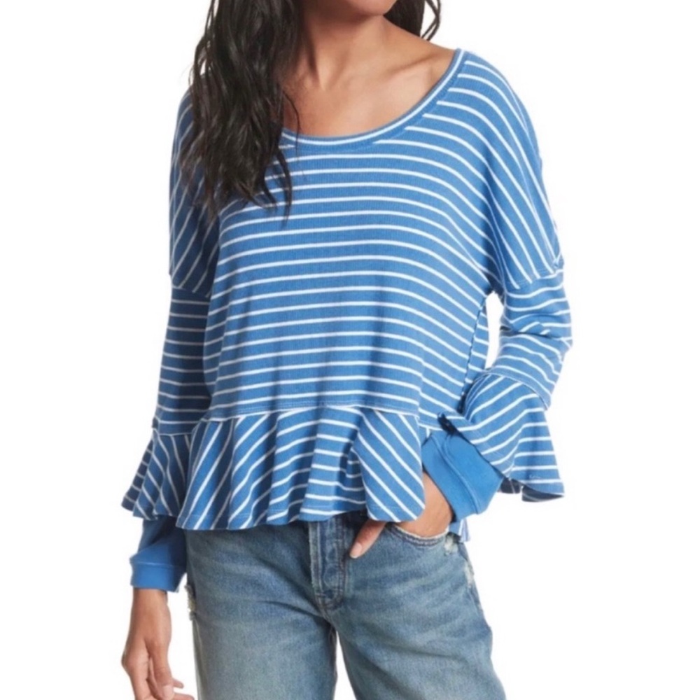 We The Free Womens Peplum Top Blue White Striped Long‎ Sleeve Ruffled Small